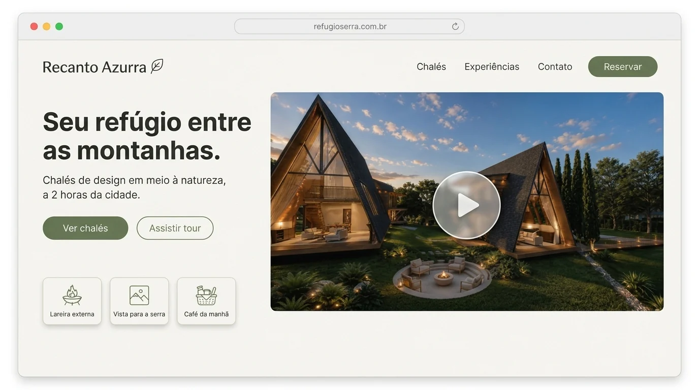Landing page do Recanto Azurra usando o render dos chalés